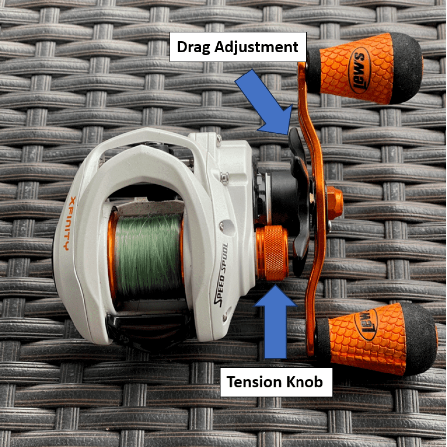 tension knob and drag adjustment on a baitcaster